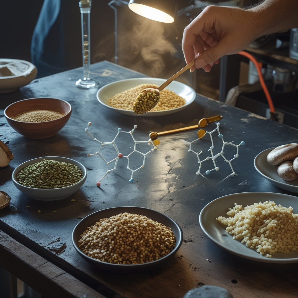 Scientific still life with a molecular model of an amino acid structure in foreground, surrounded by natural protein-rich food sources including a small bowl of hemp seeds, a portion of cooked quinoa, and dried mushrooms on an aged wooden science laboratory bench with warm focused laboratory lighting