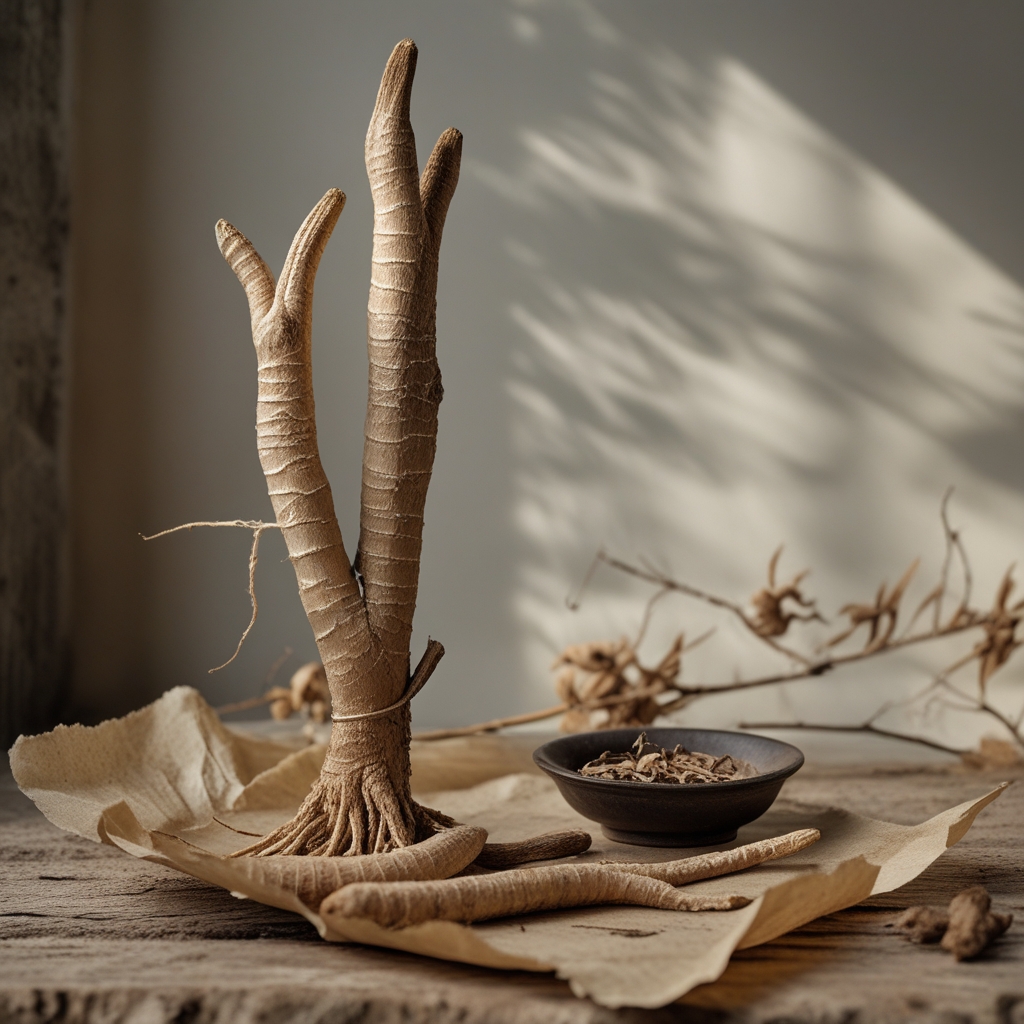Ginseng roots with forked humanoid shape and wrinkled beige-brown skin displayed on aged parchment paper with a small ceramic bowl and dried botanical elements, cinematic overhead lighting with deep background shadows