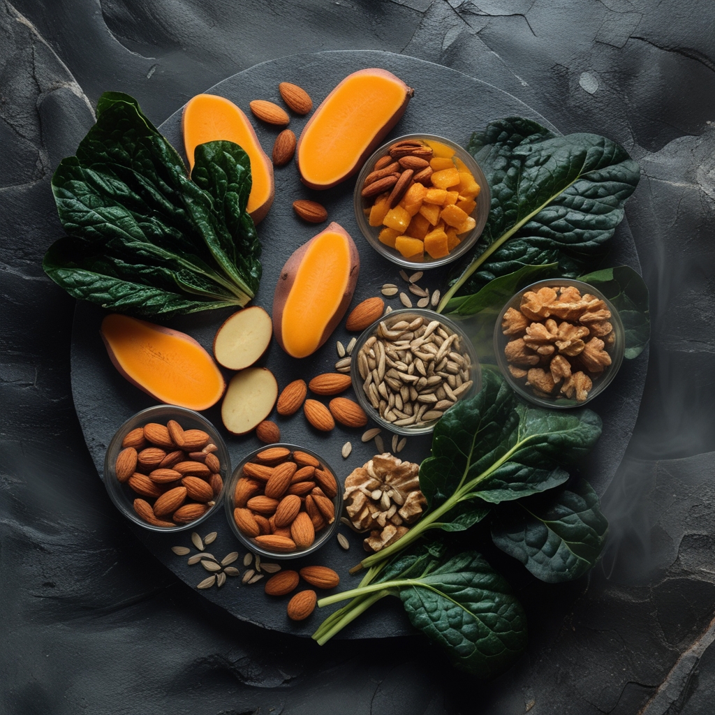 Overhead view of a carefully arranged selection of natural whole foods rich in vitamins including dark leafy greens, orange sweet potatoes, almonds, walnuts, and sunflower seeds on a dark stone surface with warm directional lighting